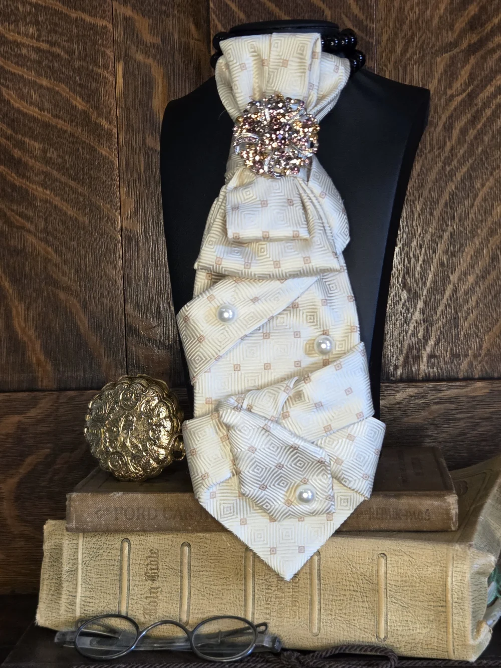 Elegant Cream Geometric Ladies Neck Tiewith Pearl Accents